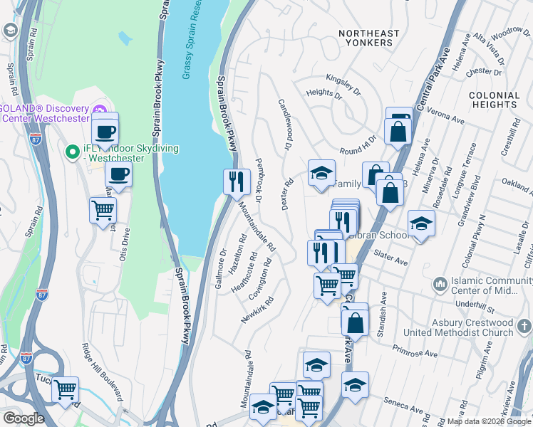 map of restaurants, bars, coffee shops, grocery stores, and more near 79 Pembrook Drive in Yonkers