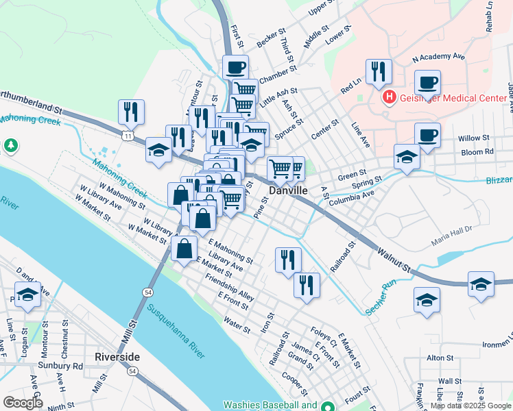 map of restaurants, bars, coffee shops, grocery stores, and more near 257-299 D L and West Avenue in Danville
