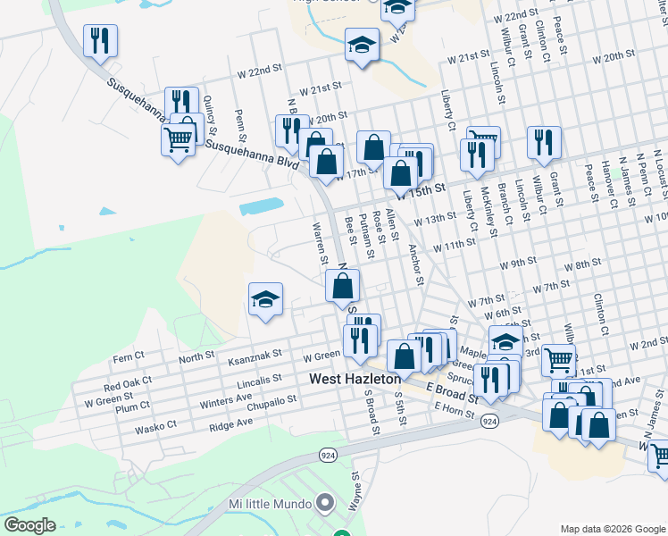 map of restaurants, bars, coffee shops, grocery stores, and more near Lehigh Valley Drive in West Hazleton