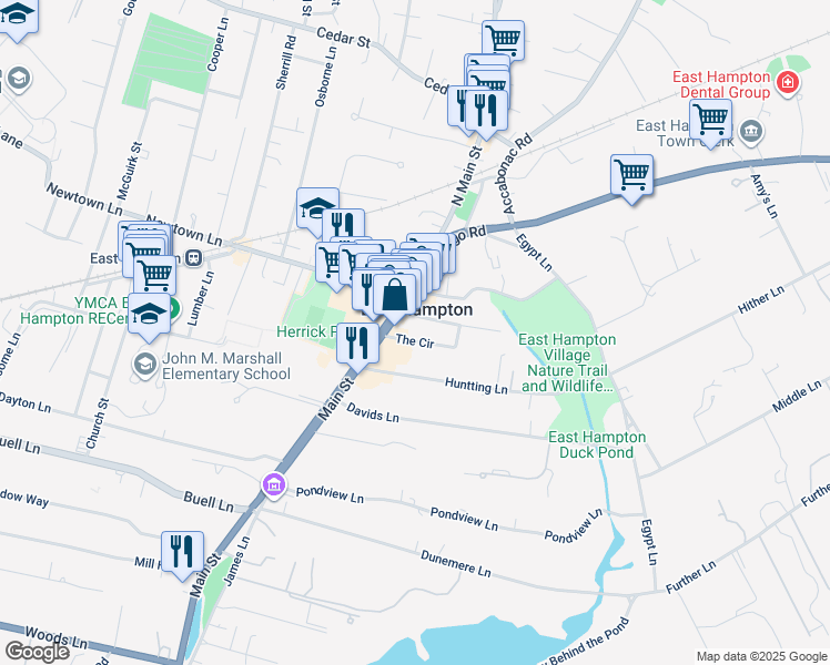 map of restaurants, bars, coffee shops, grocery stores, and more near 53 The Circle in East Hampton