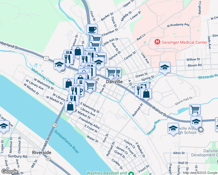 map of restaurants, bars, coffee shops, grocery stores, and more near 403 Church Street in Danville