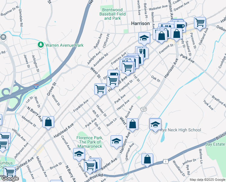 map of restaurants, bars, coffee shops, grocery stores, and more near 59 Franklin Avenue in Harrison