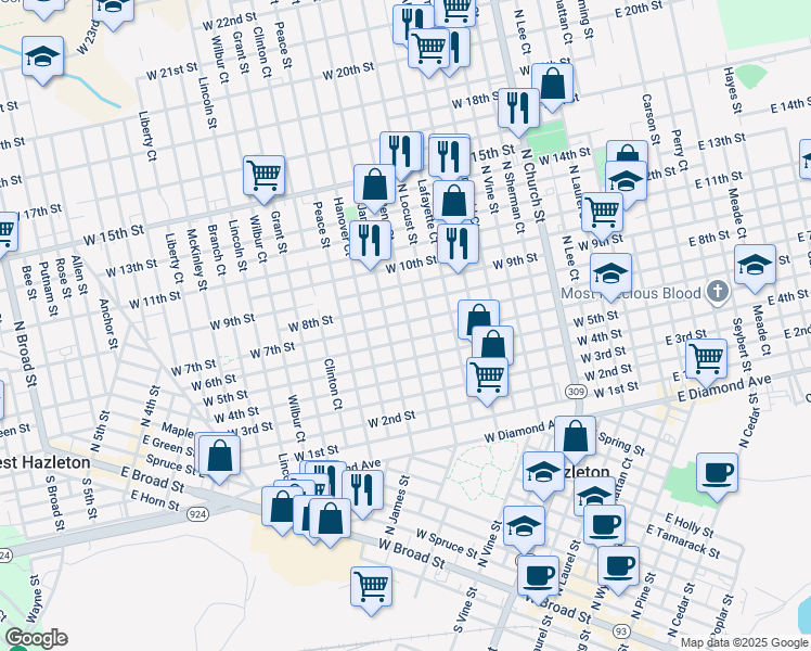 map of restaurants, bars, coffee shops, grocery stores, and more near 528 West 7th Street in Hazleton