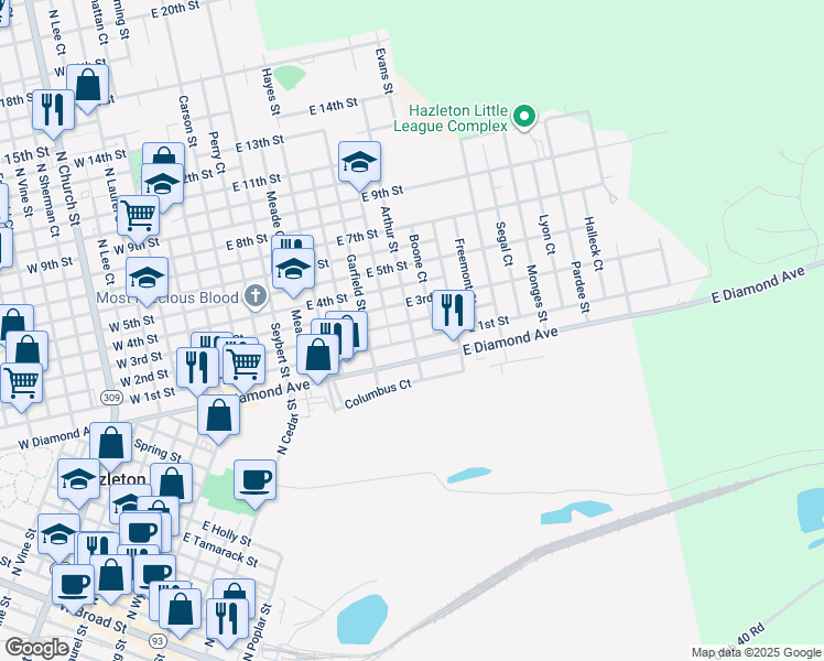 map of restaurants, bars, coffee shops, grocery stores, and more near 545 Arthur St in Hazleton