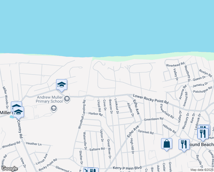 map of restaurants, bars, coffee shops, grocery stores, and more near 47 Hilltop Drive in Sound Beach