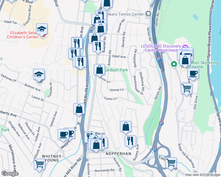 map of restaurants, bars, coffee shops, grocery stores, and more near 28 Dover Lane in Yonkers