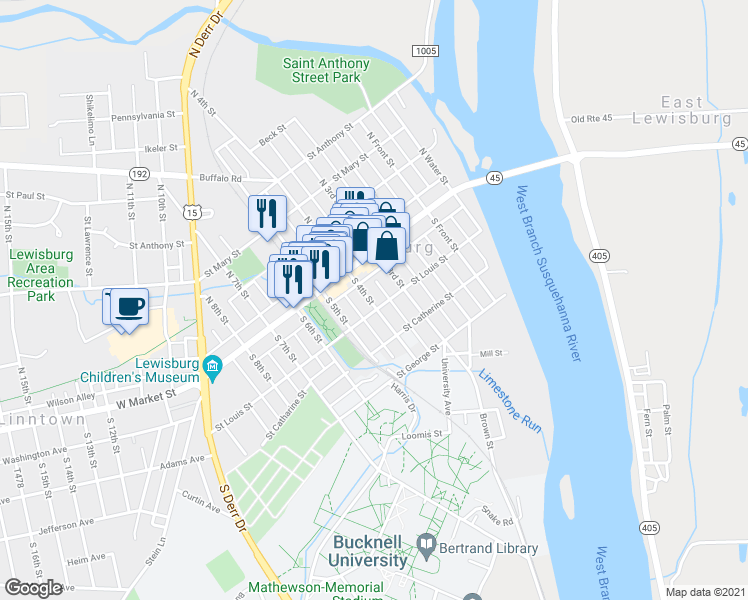 map of restaurants, bars, coffee shops, grocery stores, and more near 52 South 4th Street in Lewisburg