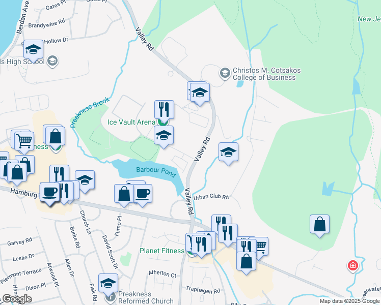 map of restaurants, bars, coffee shops, grocery stores, and more near 1453 Valley Road in Wayne