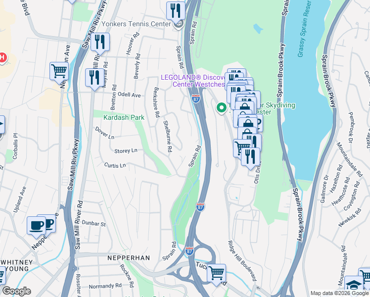 map of restaurants, bars, coffee shops, grocery stores, and more near 52 Stockbridge Road in Yonkers