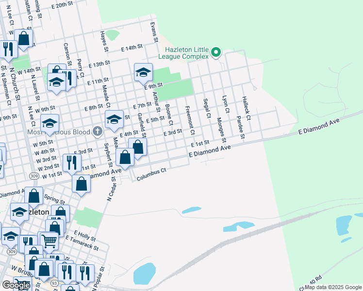 map of restaurants, bars, coffee shops, grocery stores, and more near 524 Cleveland Street in Hazleton