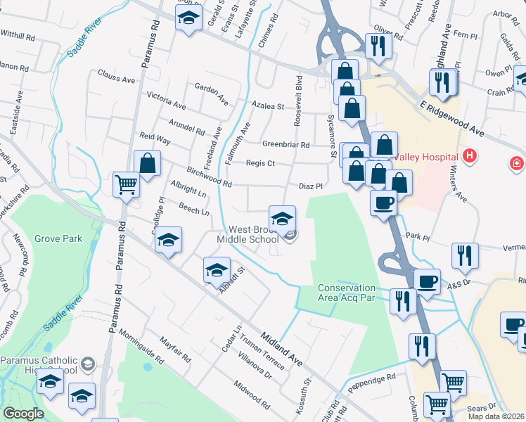 map of restaurants, bars, coffee shops, grocery stores, and more near Willowbrook Court in Paramus