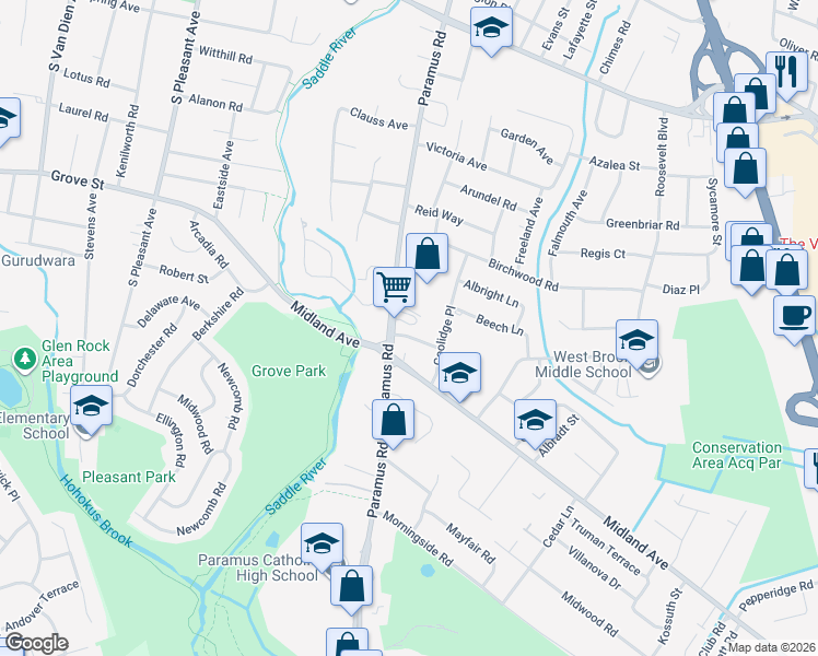 map of restaurants, bars, coffee shops, grocery stores, and more near 554 Paramus Road in Paramus