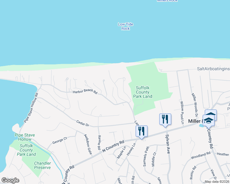 map of restaurants, bars, coffee shops, grocery stores, and more near 8 Ridge Lane in Miller Place