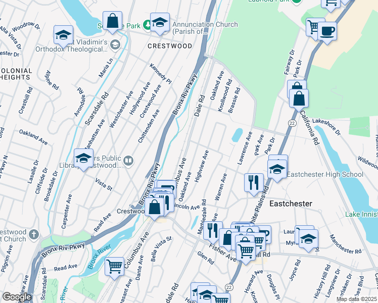 map of restaurants, bars, coffee shops, grocery stores, and more near 2 Benedict Avenue in Eastchester
