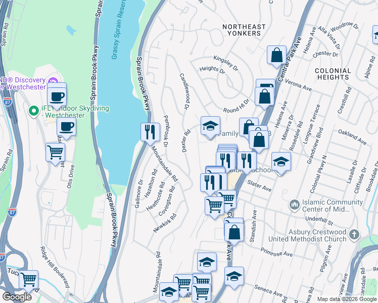 map of restaurants, bars, coffee shops, grocery stores, and more near 14 Montclair Road in Yonkers