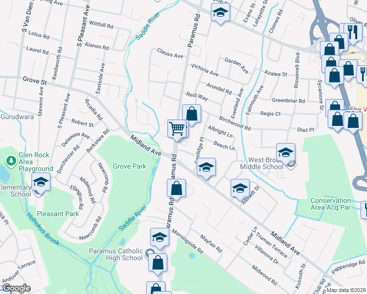 map of restaurants, bars, coffee shops, grocery stores, and more near 554 Paramus Road in Paramus