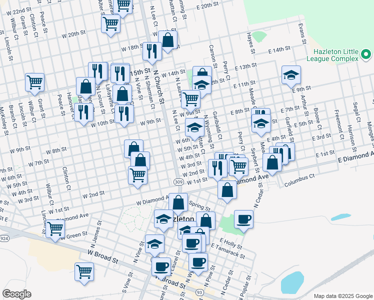 map of restaurants, bars, coffee shops, grocery stores, and more near 619 North Laurel Street in Hazleton