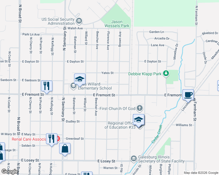 map of restaurants, bars, coffee shops, grocery stores, and more near 800-898 Fifer Street in Galesburg