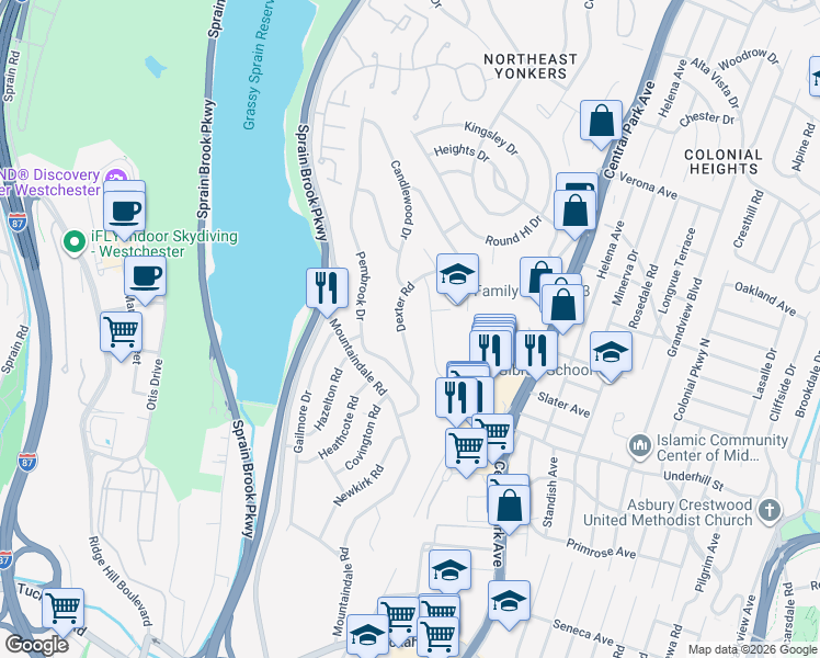 map of restaurants, bars, coffee shops, grocery stores, and more near 14 Montclair Road in Yonkers