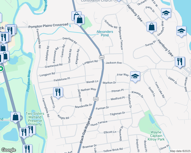 map of restaurants, bars, coffee shops, grocery stores, and more near 673 Black Oak Ridge Road in Wayne