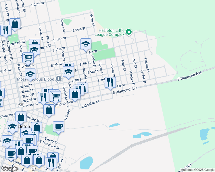 map of restaurants, bars, coffee shops, grocery stores, and more near 524 Cleveland Street in Hazleton