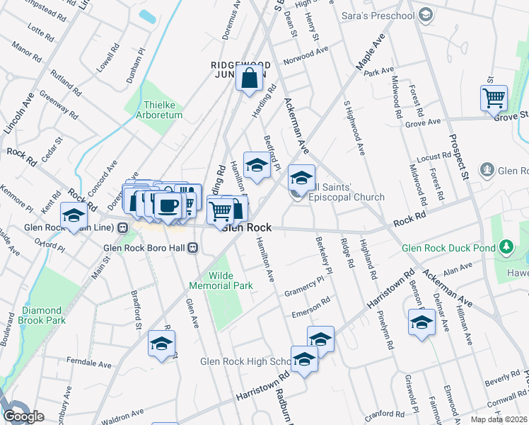 map of restaurants, bars, coffee shops, grocery stores, and more near 600 Maple Avenue in Glen Rock