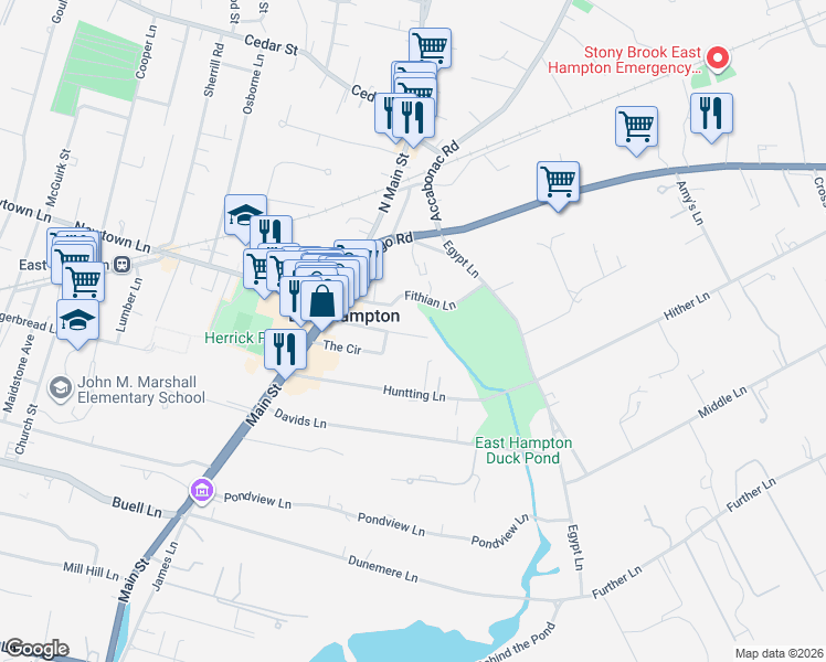 map of restaurants, bars, coffee shops, grocery stores, and more near 31 Fithian Lane in East Hampton