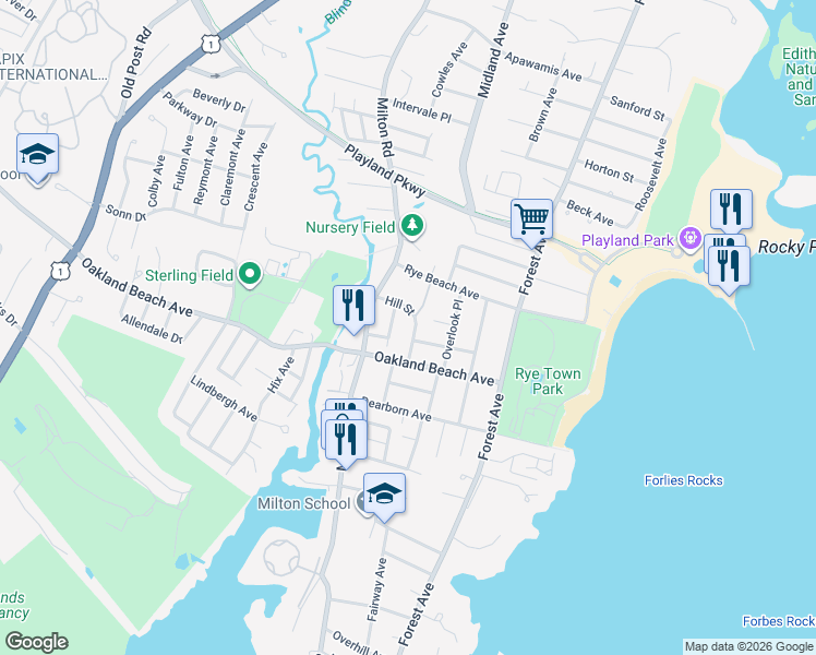 map of restaurants, bars, coffee shops, grocery stores, and more near 21 Hill Street in Rye