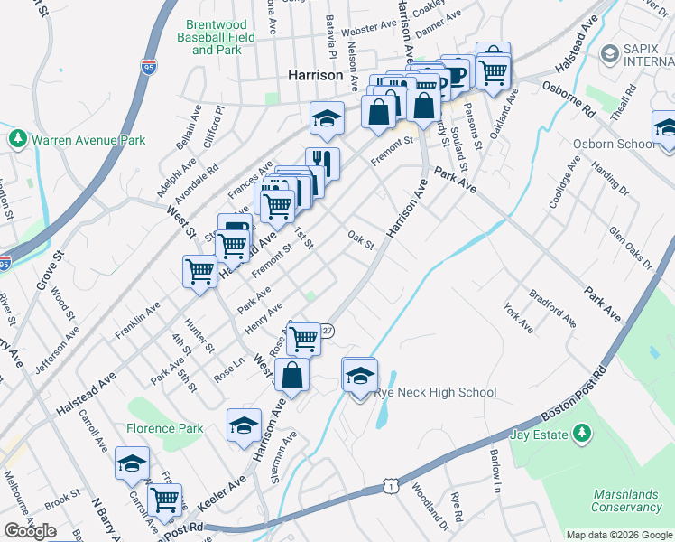 map of restaurants, bars, coffee shops, grocery stores, and more near 8 Alexander Avenue in Harrison