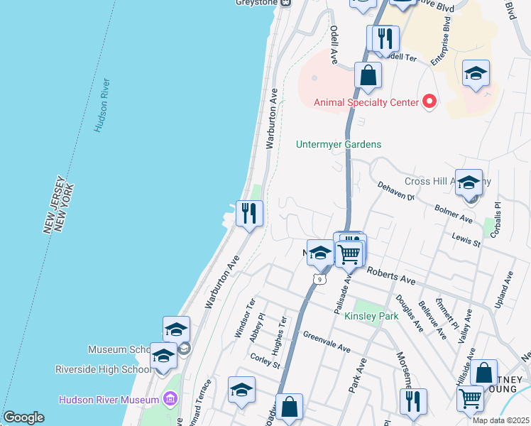 map of restaurants, bars, coffee shops, grocery stores, and more near 77 Rudolph Terrace in Yonkers