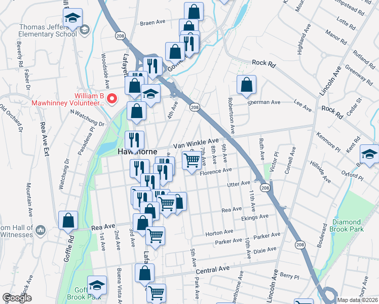 map of restaurants, bars, coffee shops, grocery stores, and more near in Hawthorne