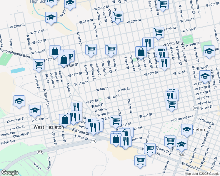 map of restaurants, bars, coffee shops, grocery stores, and more near 679 Lincoln Street in Hazleton