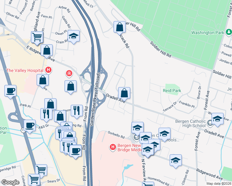 map of restaurants, bars, coffee shops, grocery stores, and more near 647 Cambridge Road in Paramus