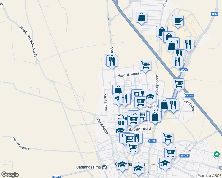 map of restaurants, bars, coffee shops, grocery stores, and more near 22 Via Foggia in Casamassima