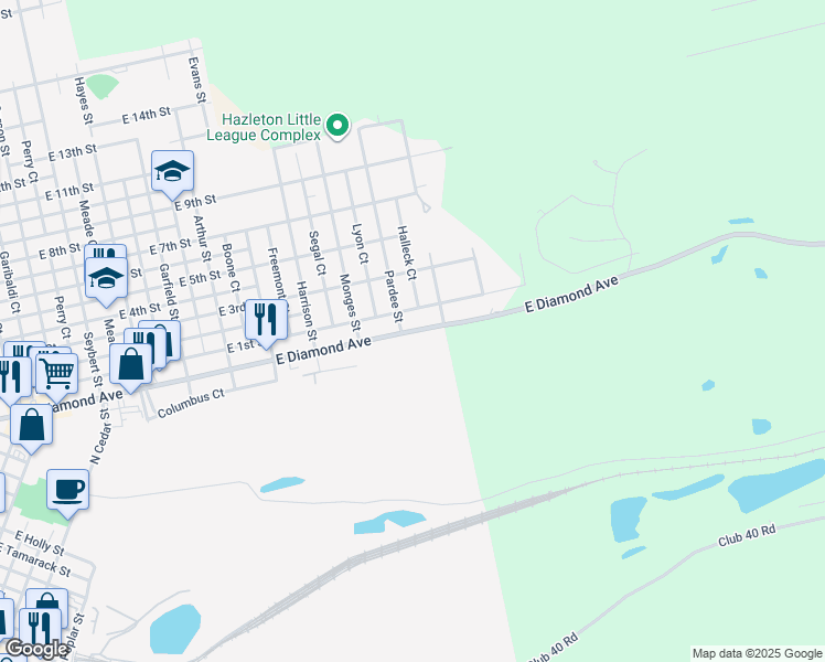 map of restaurants, bars, coffee shops, grocery stores, and more near 921 East Diamond Avenue in Hazleton
