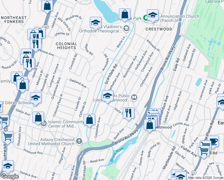 map of restaurants, bars, coffee shops, grocery stores, and more near 59 Manhattan Avenue in Yonkers