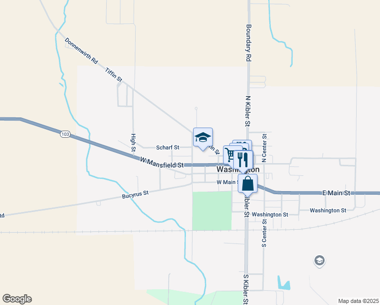 map of restaurants, bars, coffee shops, grocery stores, and more near 502 Scharf Street in New Washington