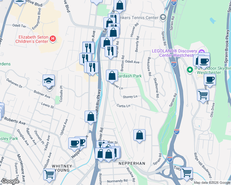 map of restaurants, bars, coffee shops, grocery stores, and more near 14 Curtis Lane in Yonkers