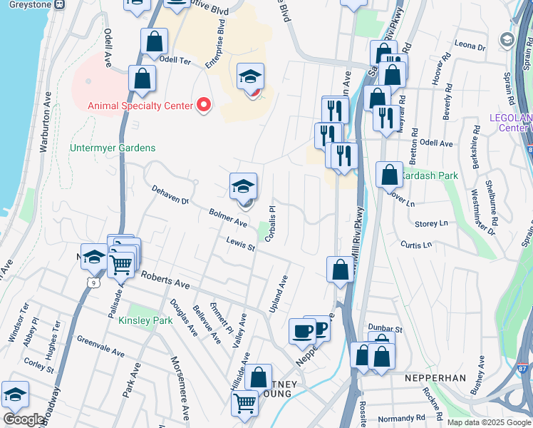map of restaurants, bars, coffee shops, grocery stores, and more near 19 Corbalis Place in Yonkers