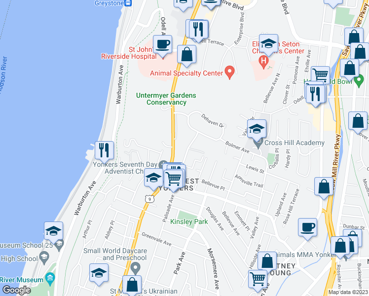 map of restaurants, bars, coffee shops, grocery stores, and more near 855 Palisade Avenue in Yonkers