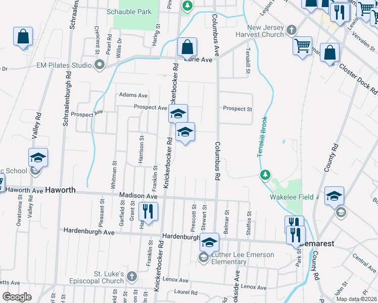 map of restaurants, bars, coffee shops, grocery stores, and more near 144 Knickerbocker Road in Demarest