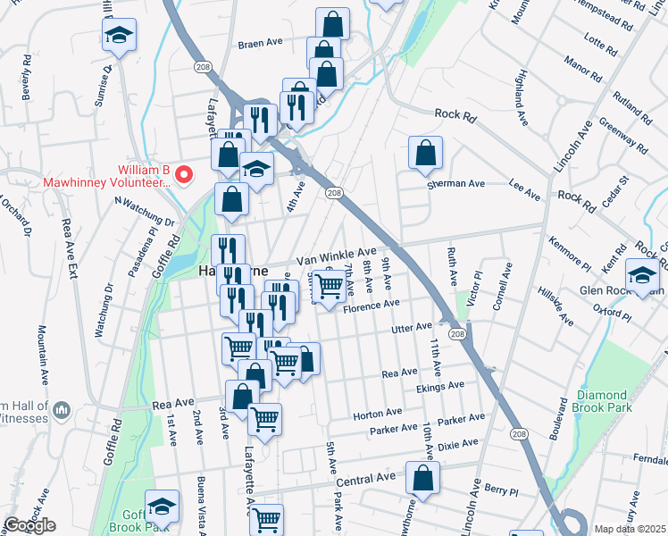 map of restaurants, bars, coffee shops, grocery stores, and more near 155 6th Avenue in Hawthorne