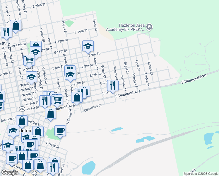 map of restaurants, bars, coffee shops, grocery stores, and more near 548 Cleveland Street in Hazleton