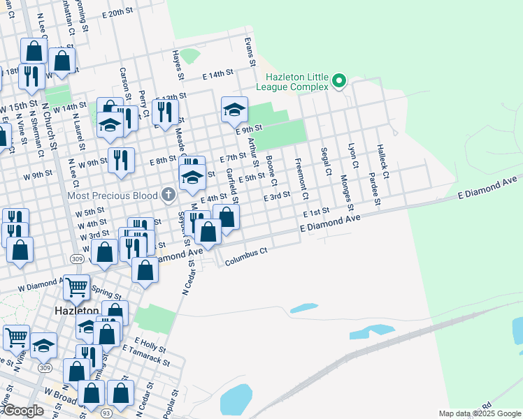 map of restaurants, bars, coffee shops, grocery stores, and more near 544 Arthur Street in Hazleton