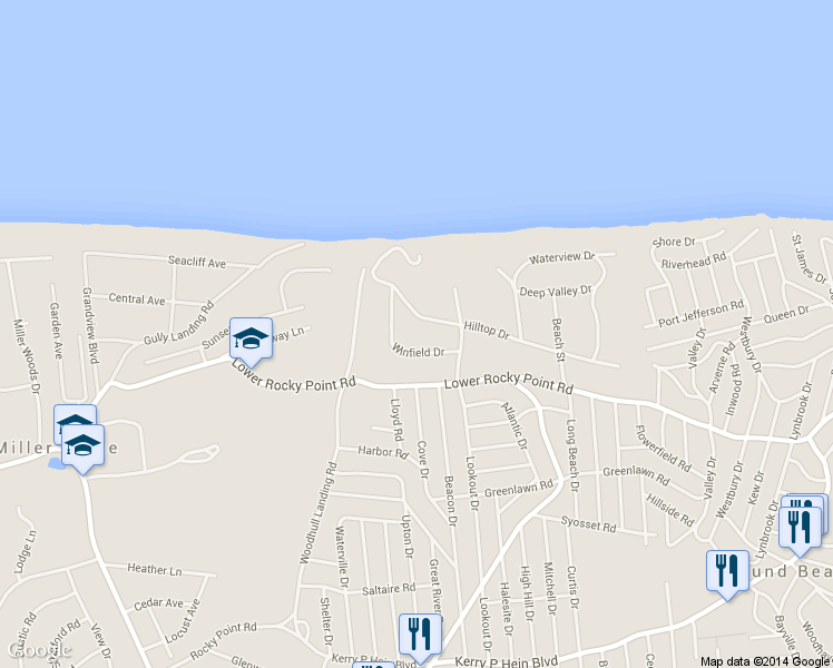 map of restaurants, bars, coffee shops, grocery stores, and more near 47 Hilltop Drive in Sound Beach
