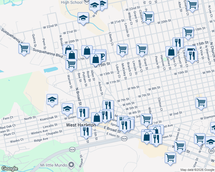 map of restaurants, bars, coffee shops, grocery stores, and more near West 11th Street in Hazleton