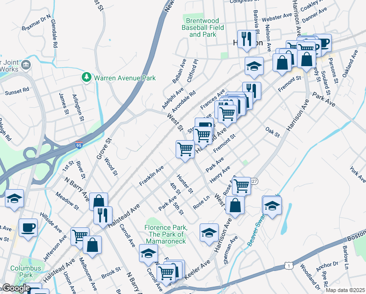 map of restaurants, bars, coffee shops, grocery stores, and more near 50 West Street in Harrison