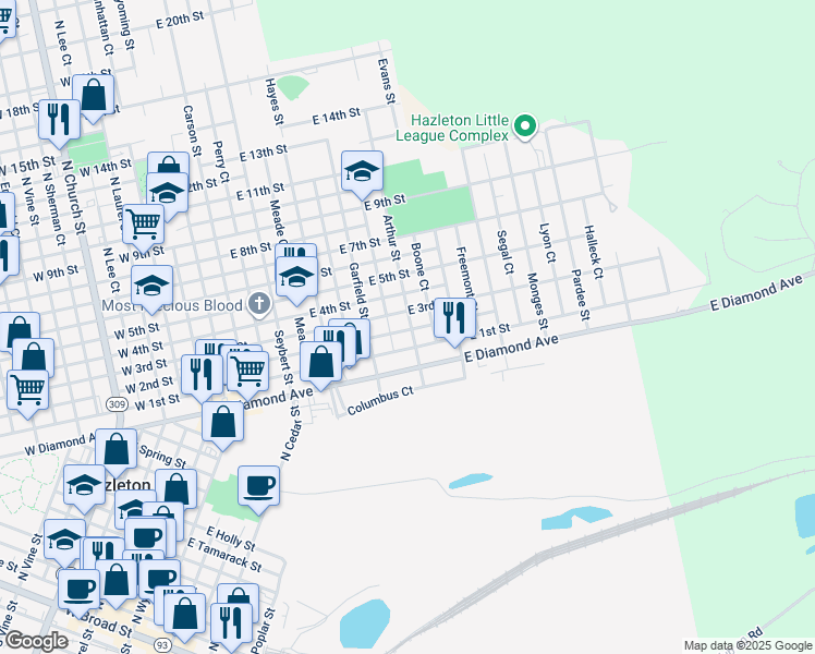 map of restaurants, bars, coffee shops, grocery stores, and more near 544 Arthur Street in Hazleton