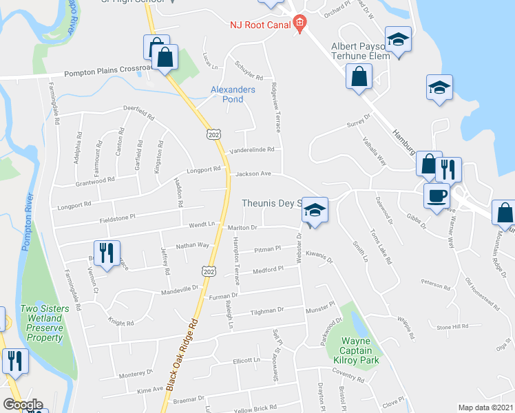 map of restaurants, bars, coffee shops, grocery stores, and more near 17 Friar Way in Wayne