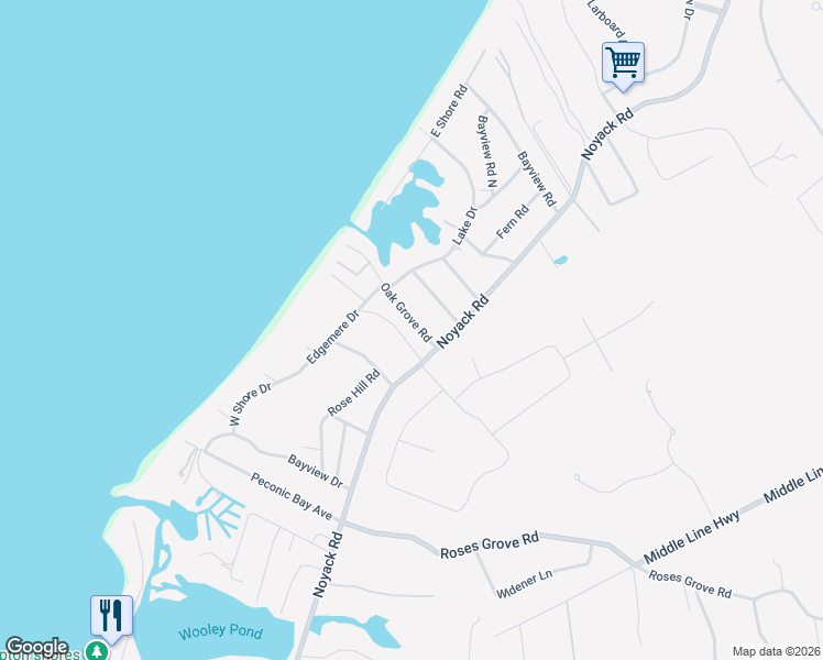map of restaurants, bars, coffee shops, grocery stores, and more near 20 Oak Grove Road in Southampton